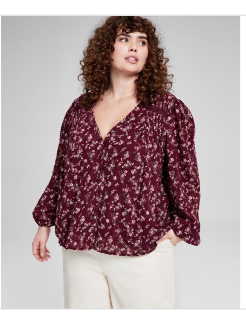 Plus-Size Floral V-Neck Blouse in Wine